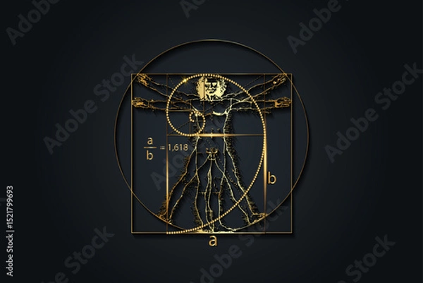 Obraz Golden ratio. Fibonacci Sequence number and Vitruvian Man concept,  luxury gold texture, divine proportion, vector illustration isolated on black background