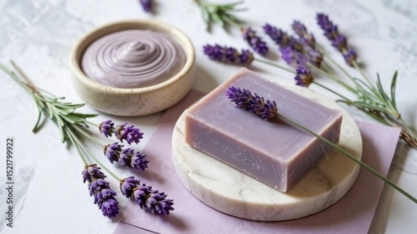 Obraz Rhassoul Clay & Lavender Soap
Promotional photo of a bar of soap in delicate lavender color, decorated with fresh lavender flowers. The background is slightly blurred.