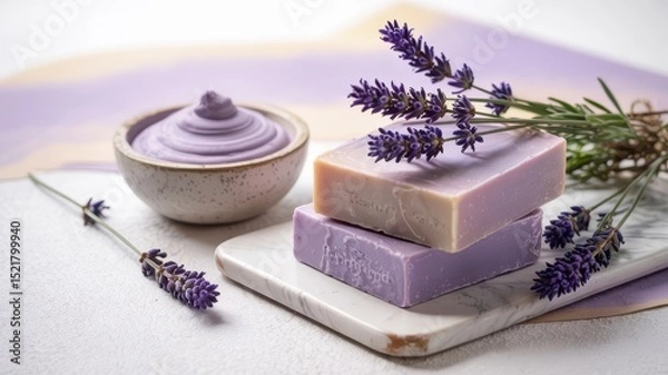 Obraz Rhassoul Clay & Lavender Soap
Promotional photo of a bar of soap in delicate lavender color, decorated with fresh lavender flowers. The background is slightly blurred.