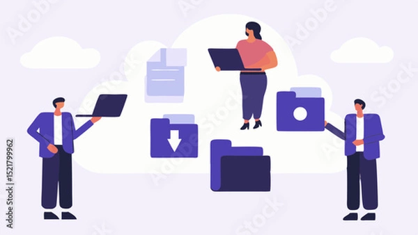 Fototapeta Seamless digital transformation empowering collaborative workflows in the cloud with flat vector design and