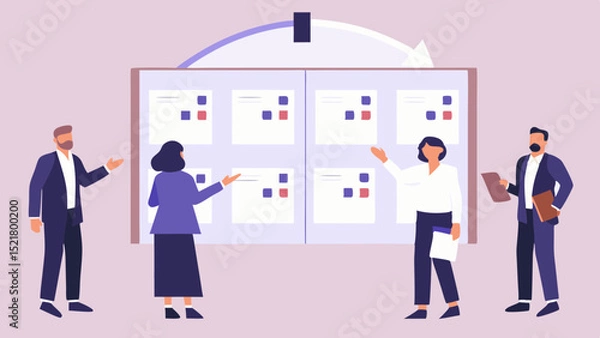 Fototapeta Team collaboration session where members share ideas to drive project growth forward on the visual board with