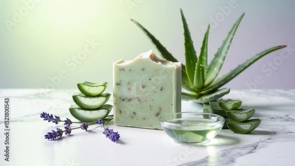 Obraz Soap with aloe vera and sea clay.
There is a piece of soap next to fresh aloe leaves and lavender flowers. An advertising photo with a place for the text.