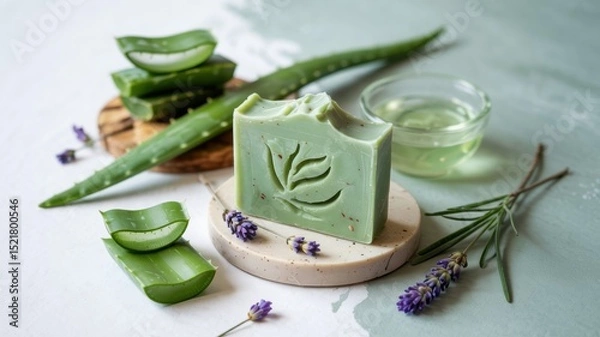 Obraz Soap with aloe vera and sea clay.
There is a piece of soap next to fresh aloe leaves and lavender flowers. An advertising photo with a place for the text.