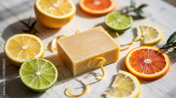 Obraz Promotional photo of Citrus Sunshine soap. Slices of lemon, orange and lime are laid out on the soap and sprinkled with lemon zest.