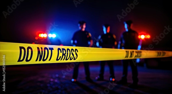 Fototapeta Yellow Tape with Do Not Cross Text Stretched Across the Crime Scene  with Officers Standing Behind and Police Cars Lights in Dark Night  Background  