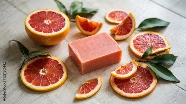 Fototapeta Promotional photo of a piece of soap with grapefruit and tangerine on a light background. Soap surrounded by grapefruit and tangerine slices.