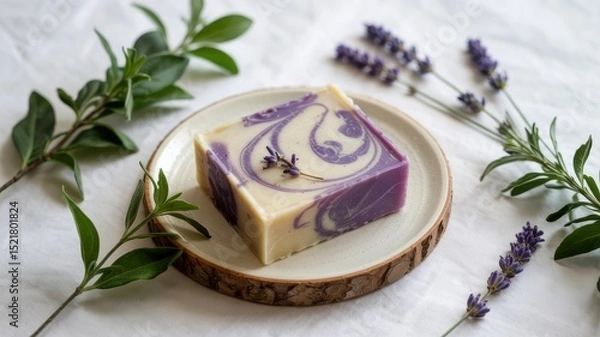 Obraz Promotional photo of a soap with marjoram and lavender on a light background. The soap is decorated with swirls of lavender and marjoram. Marjoram leaves and lavender twigs are nearby.
