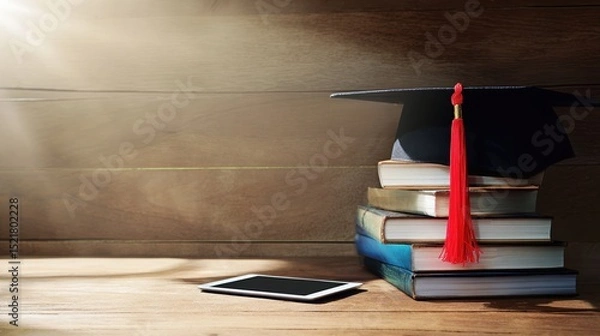 Obraz Stacks of books with a graduation cap adorned with a red tassel rest on a wooden table. A tablet lies nearby, illuminated by gentle light, suggesting a scholarly atmosphere