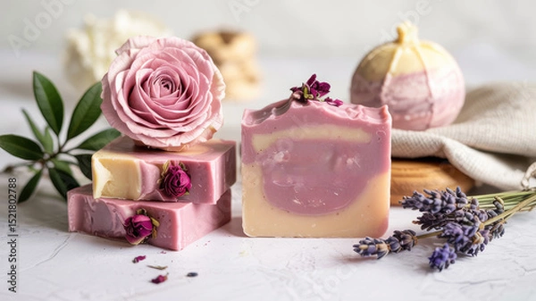 Obraz Promotional photo of goat's milk soap, which has a delicate pink hue inherent in French pink clay, which gives the soap a luxurious look. Soap on a background of rose and lavender flowers.