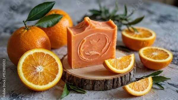 Obraz Promotional photo with orange soap with visible pieces of bergamot peel, beautifully complemented with fresh oranges and pieces of bergamot.