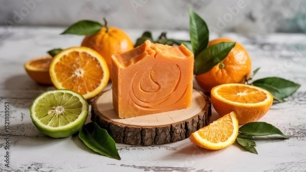 Obraz Promotional photo with orange soap with visible pieces of bergamot peel, beautifully complemented with fresh oranges and pieces of bergamot.