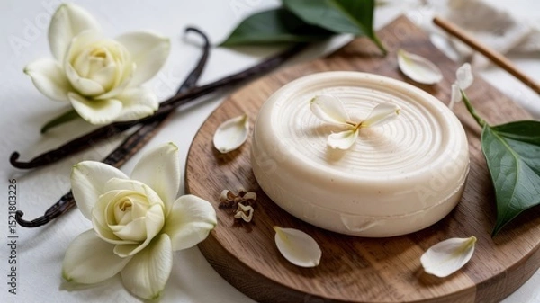 Obraz A promotional photo of a soap set against a background of gardenia flowers and vanilla sticks.