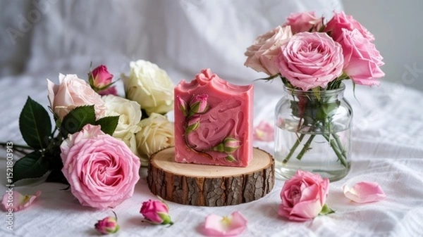 Obraz A promotional photo of the soap. The soap is pink in color with the addition of dried rose petals on a light background. Next to it is a vase with fresh roses.