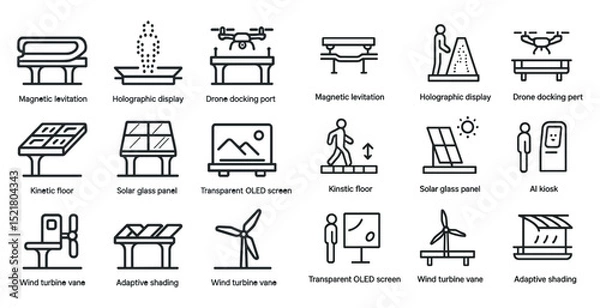 Fototapeta Futuristic urban design icons featuring solar panels and ai kiosk concepts
