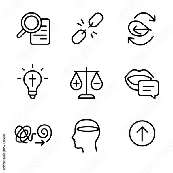Fototapeta Belief Change Icons. Outline icon set of belief change mechanisms: new evidence icon, broken chain, perspective flip, conversion