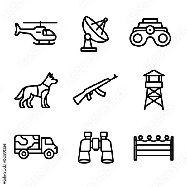 Fototapeta Border Security Icons. Outline icon set of border security operations: patrol helicopter, radar dish, night-vision goggles, guard
