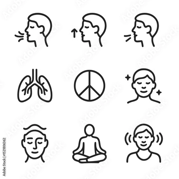 Fototapeta Breathwork Icon Set. Outline icon set of breathwork: deep breathing, inhale, exhale, lungs, peace, relaxation, mindfulness, calm,
