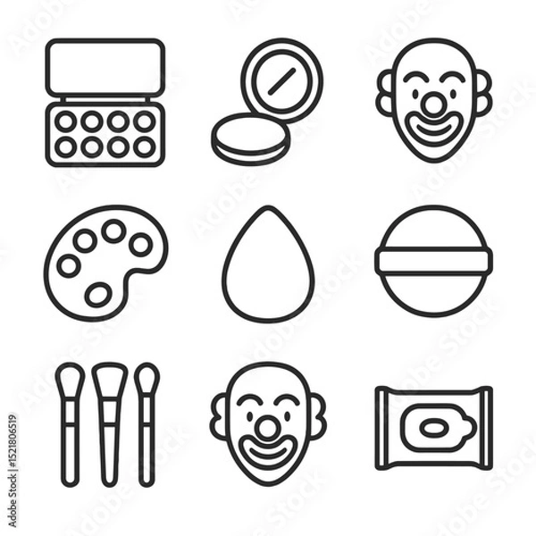 Fototapeta Clown Tools Icons. Outline icon set of clown tools: makeup kit, mirror compact, face stencil, paint palette, sponge applicator,