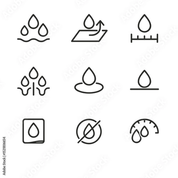 Obraz Absorbency Icon Set. Outline icon set of absorbency features: droplet absorption, quick-dry sheet, saturation test, capillary