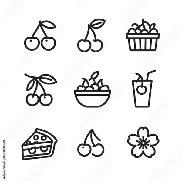 Obraz Cherries Icon Set. Outline icon set of falling cherries: cherry pair, stem, leaf, fruit basket, branch, bowl, smoothie glass, pie