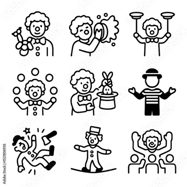 Fototapeta Clown Performance Icons. Outline icon set of clown performances: balloon animal twist, pie throw, plate spinning, juggling act,