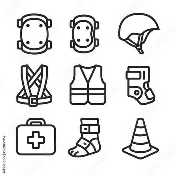 Obraz Clown Safety Icons. Outline icon set of clown safety gear: knee pads, elbow pads, helmet, safety harness, reflective vest, wrist