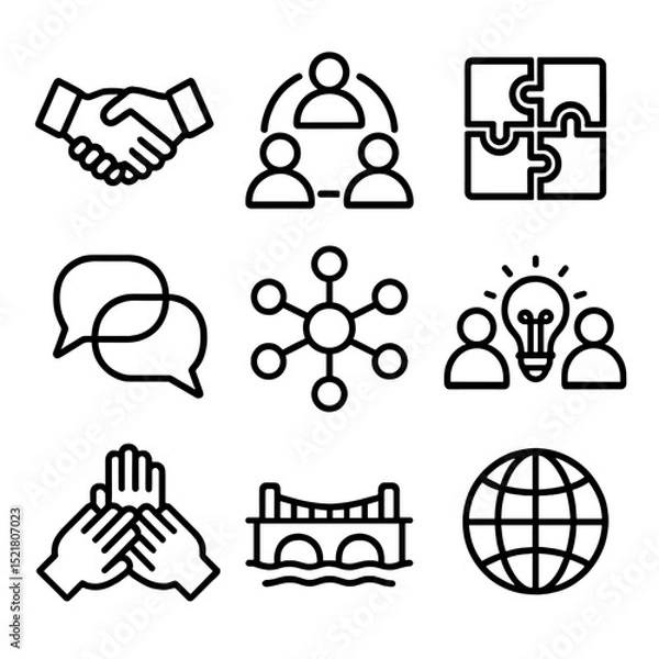 Obraz Collaboration Icon Set. Outline icon set of collaboration growth: handshake, team circle, puzzle pieces, chat bubbles, network