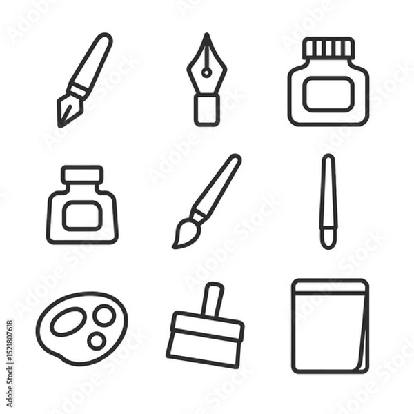 Fototapeta Ink Illustration Icons. Outline icon set of ink illustration tools: fountain pen, dip nib, ink bottle, inkwell, brush, pen holder,
