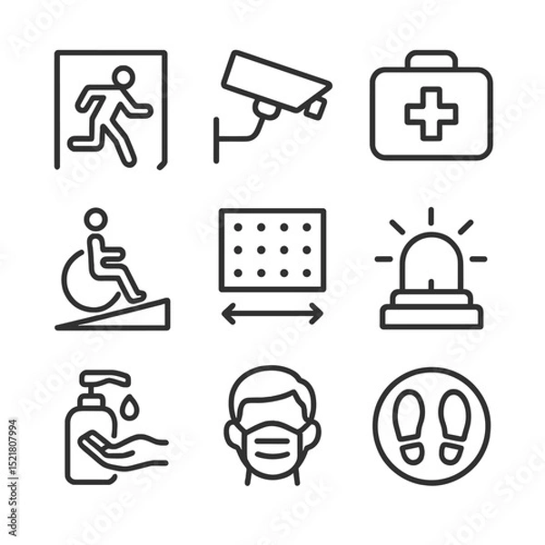 Fototapeta Library Safety Icons. Outline icon set of library safety and accessibility: fire exit sign, CCTV camera, first aid kit, wheelchair