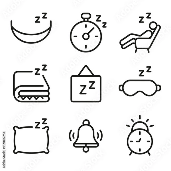Fototapeta Napping Icon Set. Outline icon set of napping strategies: hammock, power nap timer, reclining chair, blanket, pillow, quiet zone