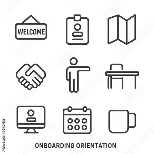 Fototapeta Onboarding Icon Set. Outline icon set of onboarding orientation: welcome sign, badge, brochure, handshake, guide figure, desk,