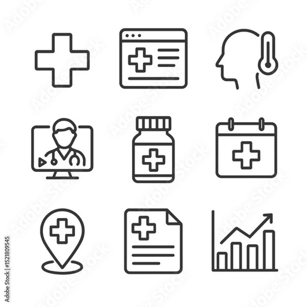 Fototapeta Online Health Icons. Outline icon set of health information online: medical cross, health website, symptom checker, doctor video