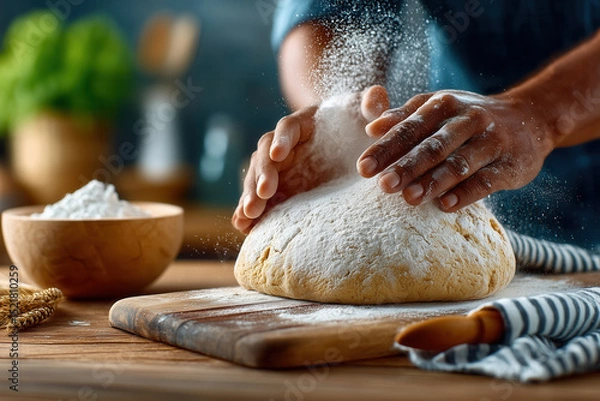 Fototapeta Hands knead dough on wooden board with flour dust in sunlit kitchen. Vintage tone highlights action with negative space. Concept of baking, culinary arts, home cooking