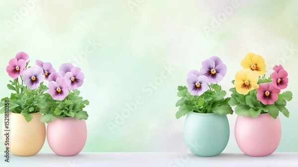 Obraz Pretty Pansies Bloom In Pastel Ceramic Pots Colorful Flowers Create A Springtime Display