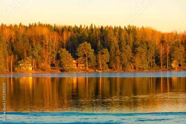 Obraz Forest over the frozen lake of Nora in winter,  Sweden