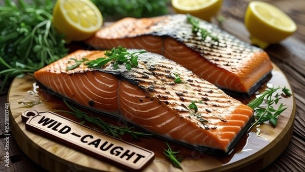 Fototapeta Grilled wild-caught salmon fillets with fresh herbs on a wooden board, garnished with lemon halves. High-resolution food image ideal for healthy eating, seafood, or nutrition concepts