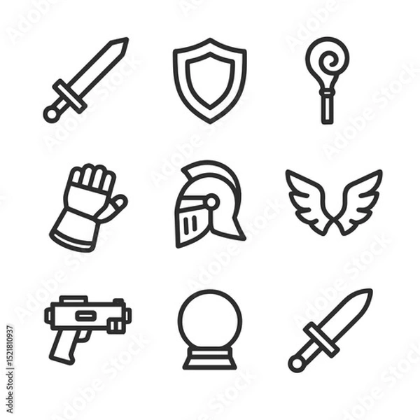 Obraz Cosplay Prop Icons. Outline icon set of cosplay props: prop sword, shield, staff, armor gauntlet, helmet, cosplay wings, prop gun,