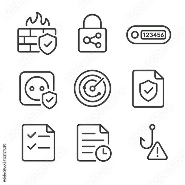 Fototapeta Cybersecurity Icon Set. Outline icon set of cybersecurity and compliance: firewall shield, encryption lock, two-factor auth token,