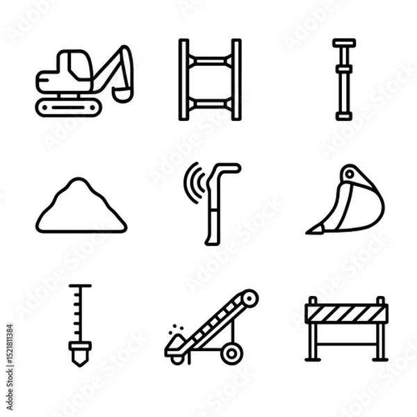 Obraz Excavation Equipment Icons. Outline icon set of excavation and trenching: backhoe, trench box, shoring prop, spoil pile, utility