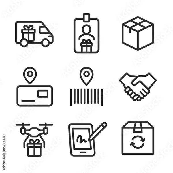 Obraz Gift Delivery Icons. Outline icon set of gift delivery and logistics: delivery van, courier badge, parcel box, address label,