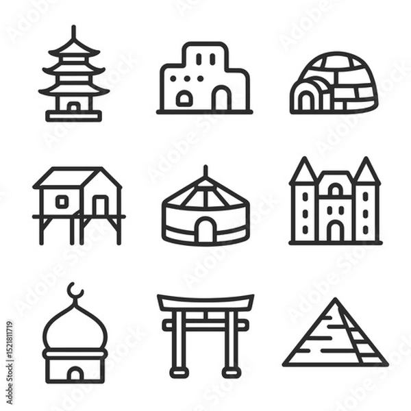 Obraz Global Landmarks Icons. Outline icon set of Global architectural landmarks: pagoda, adobe house, igloo, stilt house, yurt, chateau