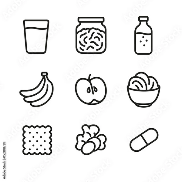 Obraz Gut Health Icons. Outline icon set of gut health foods: kefir glass, sauerkraut jar, kimchi cup, kombucha bottle, banana bunch,