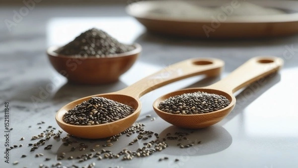 Fototapeta Two wooden measuring spoons filled with black chia seeds on a light surface, with scattered seeds and a bowl in the background. Ideal for nutrition, healthy eating, and superfood concepts.