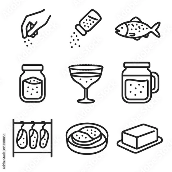 Obraz Salt-Themed Icon Set. Outline icon set of salt in cooking: pinch pinch, seasoning sprinkle, salt crusted fish, salted caramel jar,