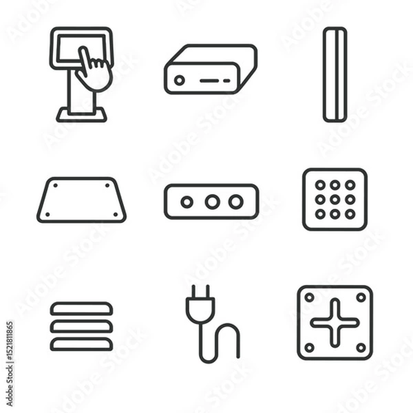 Fototapeta Digital Signage Icons. Outline icon set of digital signage kiosk stand: touchscreen monitor, media player box, cable channel, base