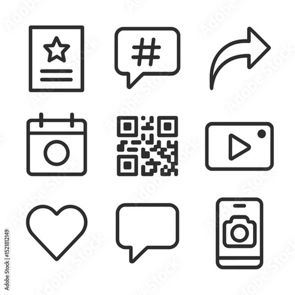 Obraz Social Media Icon Set. Outline icon set of promotional and social media: poster flyer, hashtag bubble, camera phone, share arrow,