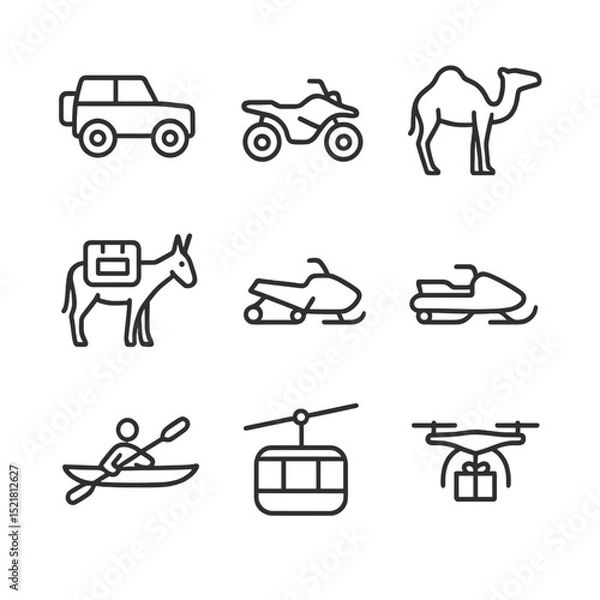 Obraz Transportation Icon Set. Outline icon set of transportation methods: off-road vehicle, ATV, camel, pack mule, snowmobile,