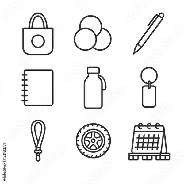 Obraz Upcycled Icon Set. Outline icon set of upcycled promotional items: fabric tote with logo, cork coaster set, bamboo pen, recycled