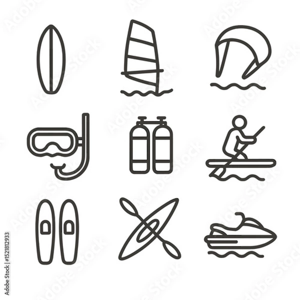 Obraz Water Sports Icons. Outline icon set of water sports: surfboard, windsurfing sail, kiteboard, snorkeling mask, scuba tank,