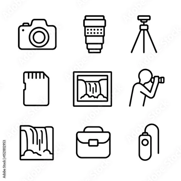 Obraz Waterfall Photography Icons. Outline icon set of waterfall photography tour: DSLR camera, zoom lens, tripod, memory card, photo